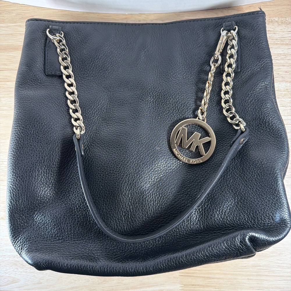 MICHAEL KORS Black Pebbled Leather Tote Bag Gold Chain Shoulder Purse Slouchy MK